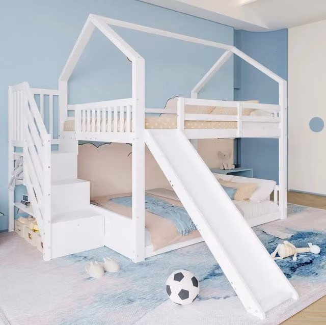 Letto a castello a casetta 140x200 cm con scala contenitore e scivolo bianco