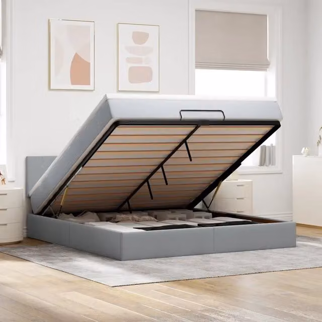 Letto moderno vidaXL con base contenitore a sollevamento, illuminazione sottostante e porta di ricarica USB, Grigio e Bianco, L: 160 cm, P: 203 cm, H: 88 cm – 1