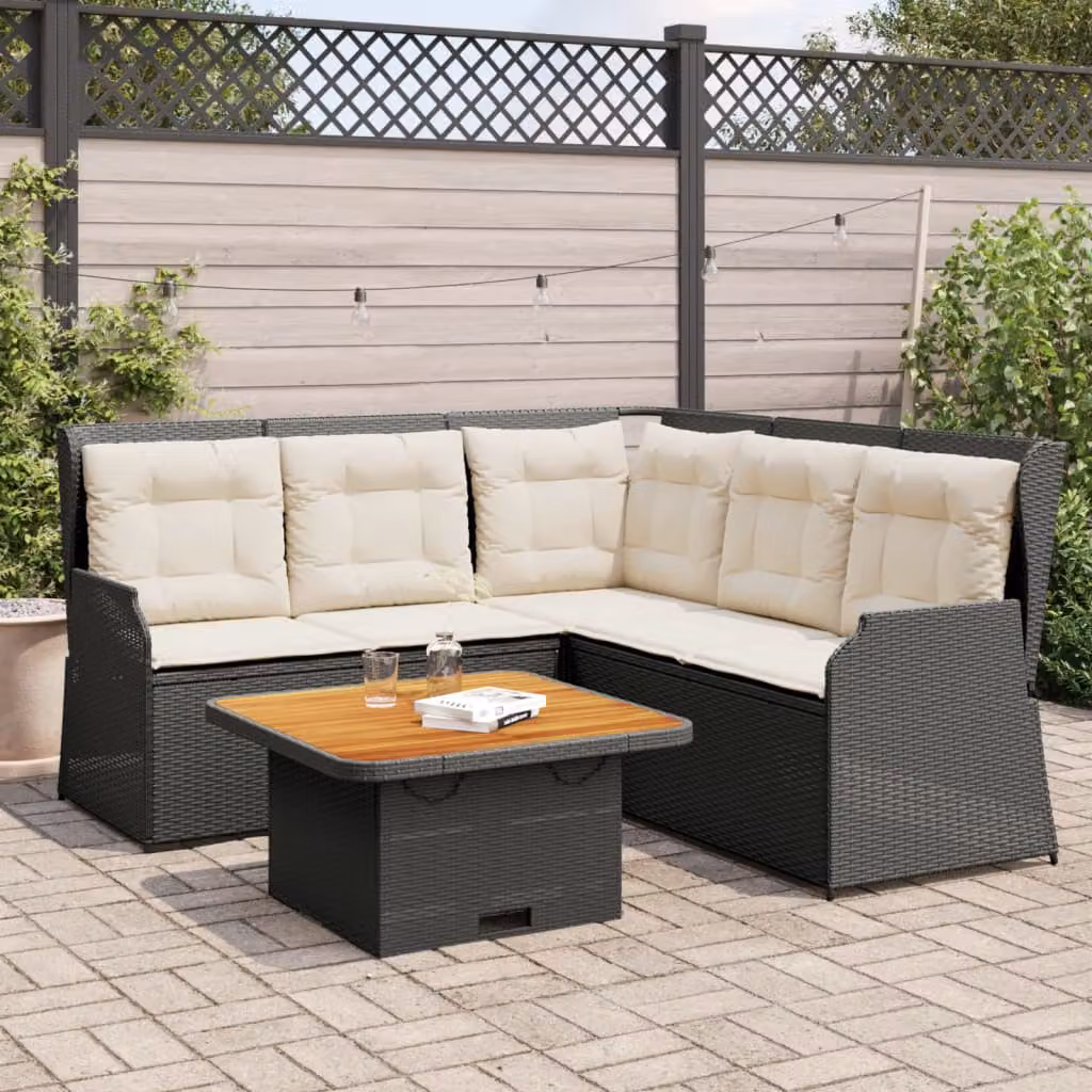 Set di divani da giardino vidaXL a forma di L composto da 4 pezzi con tavolino da esterno, struttura in metallo e polyrattan nero con cuscini inclusi – 1