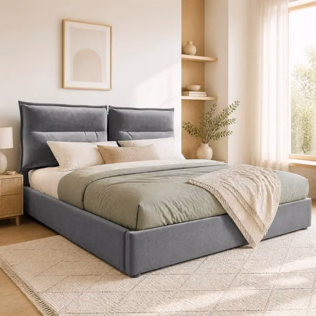 Letto matrimoniale contenitore 140 × 200 cm in velluto grigio con testiera regolabile e rete a doghe