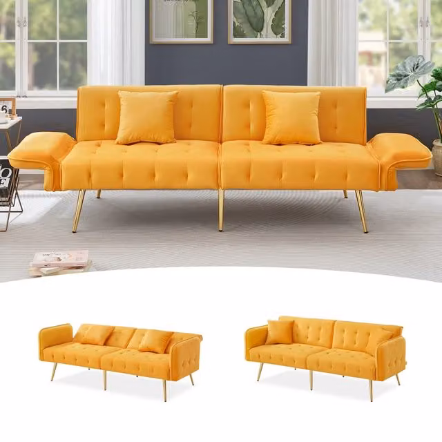 Divano letto a 2 posti con schienale e braccioli regolabili cuscini in velluto giallo piedi in metallo 215 × 81,5 cm