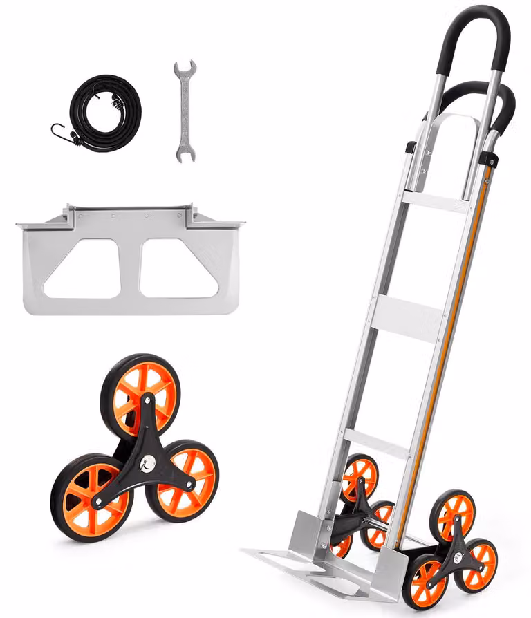 Carrello a scala per scale – Pieghevole – Capacità di carico 150 kg – Lega di alluminio – Manico telescopico – Sei ruote – Due cinghie di fissaggio