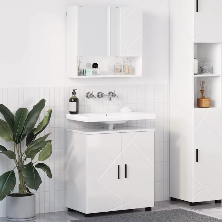 Set di mobili per il bagno vidaXL in bianco lucido composto da mobile lavabo e armadietto con specchio L/P/H: 61 x 35 x 64 cm