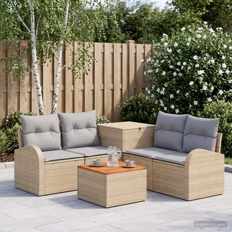 Set di divani da giardino vidaXL a forma di L composto da 6 pezzi con tavolino da caffè e pouf, colori beige e grigio, struttura in acciaio verniciato a polvere e tessuto resistente alle intemperie