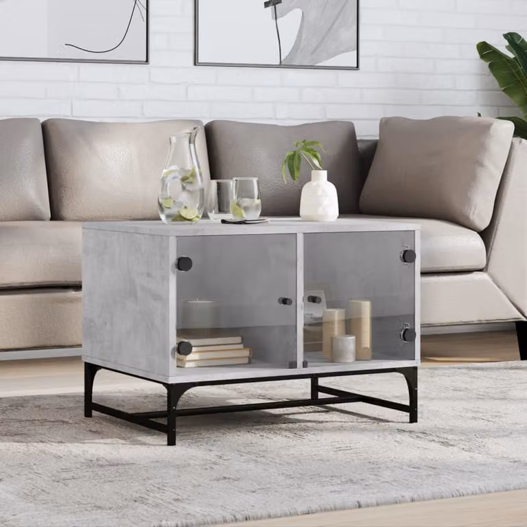 vidaXL Tavolino da salotto moderno con ante in vetro, colore grigio, L: 68,5 cm, P: 50 cm, H: 50 cm