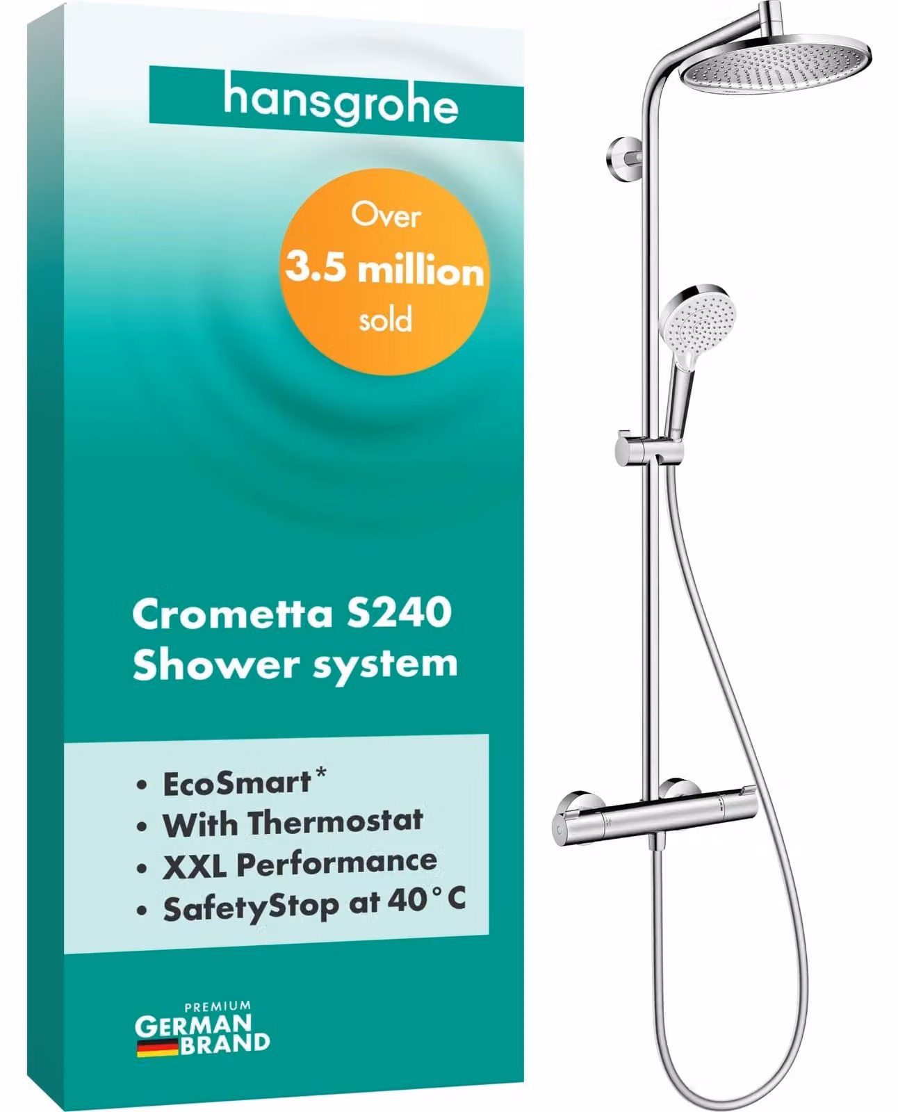 Sistema doccia Crometta S, soffione a pioggia da 240 mm, termostatico, cromato