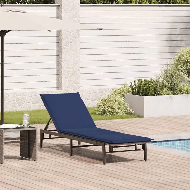 Lettino prendisole vidaXL in polyrattan con cuscino blu e grigio e poggiatesta regolabile – 1