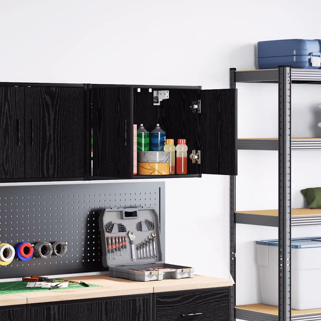 Pensile da garage vidaXL in legno e MDF nero opaco con ante a battente e ripiani interni