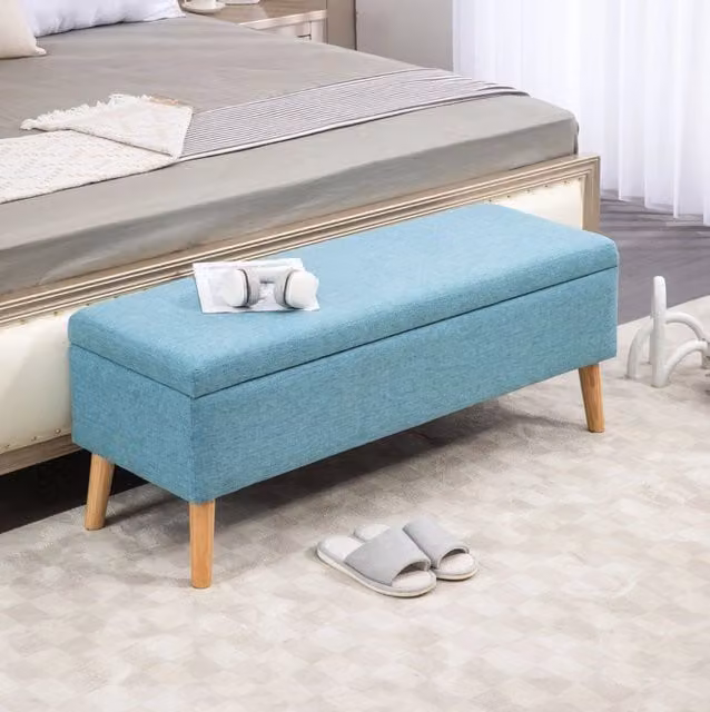 Panca contenitore imbottita MODFU in tessuto blu con finitura effetto lino, L: 120 cm, P: 39 cm, H: 45 cm
