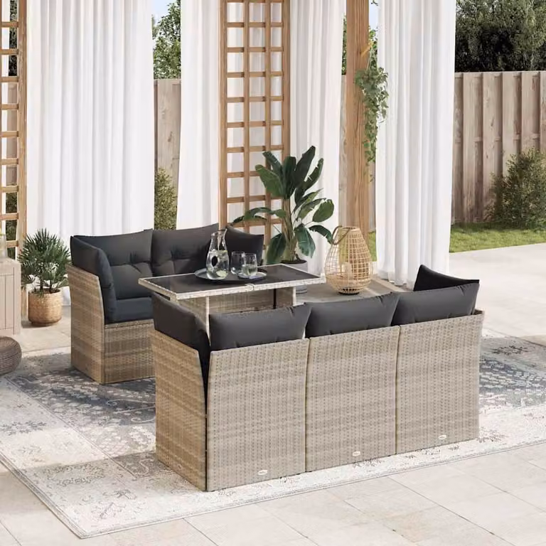 Set Divano da Giardino a L vidaXL 6 Pezzi con Tavolino in Vetro e Cuscini Grigio Matt