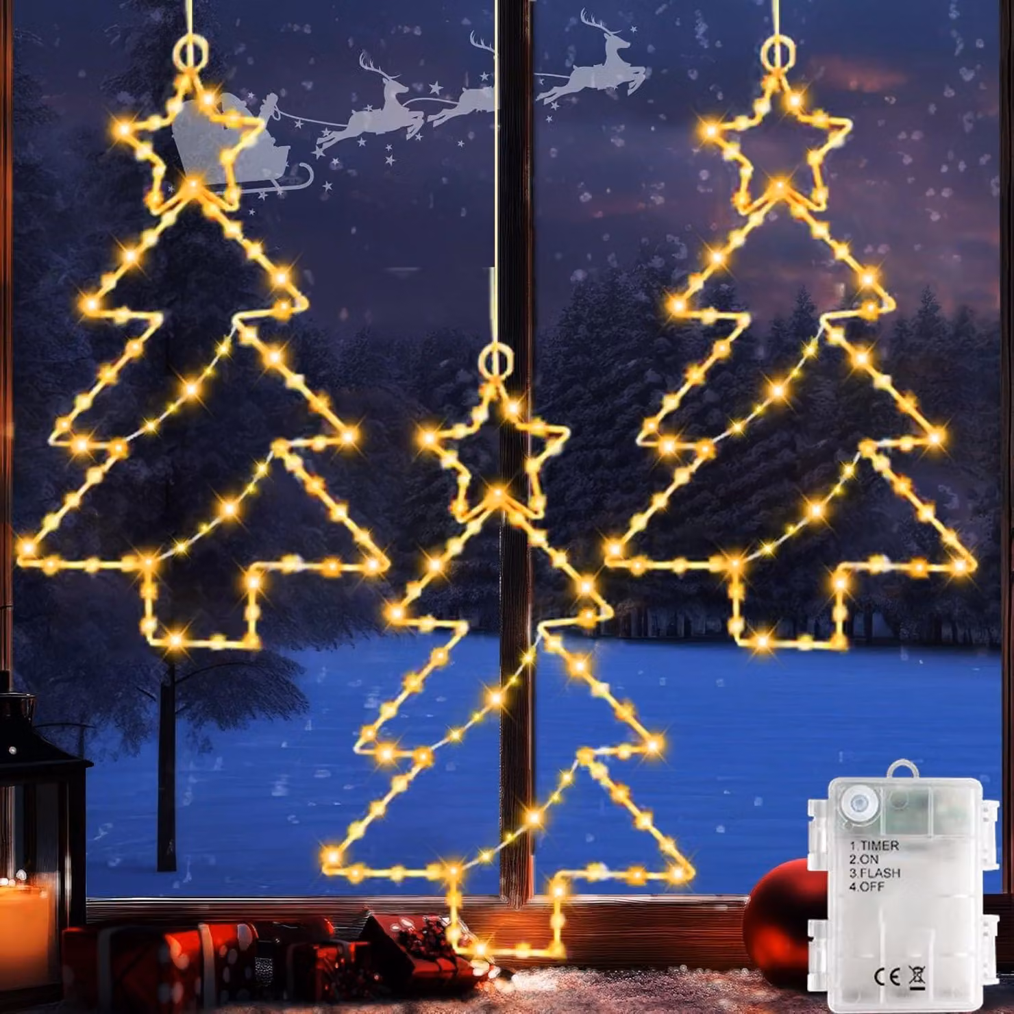 Confezione da 3 decorazioni a forma di stella di Natale con luci, dotate di timer, 60 LED, luce bianco caldo