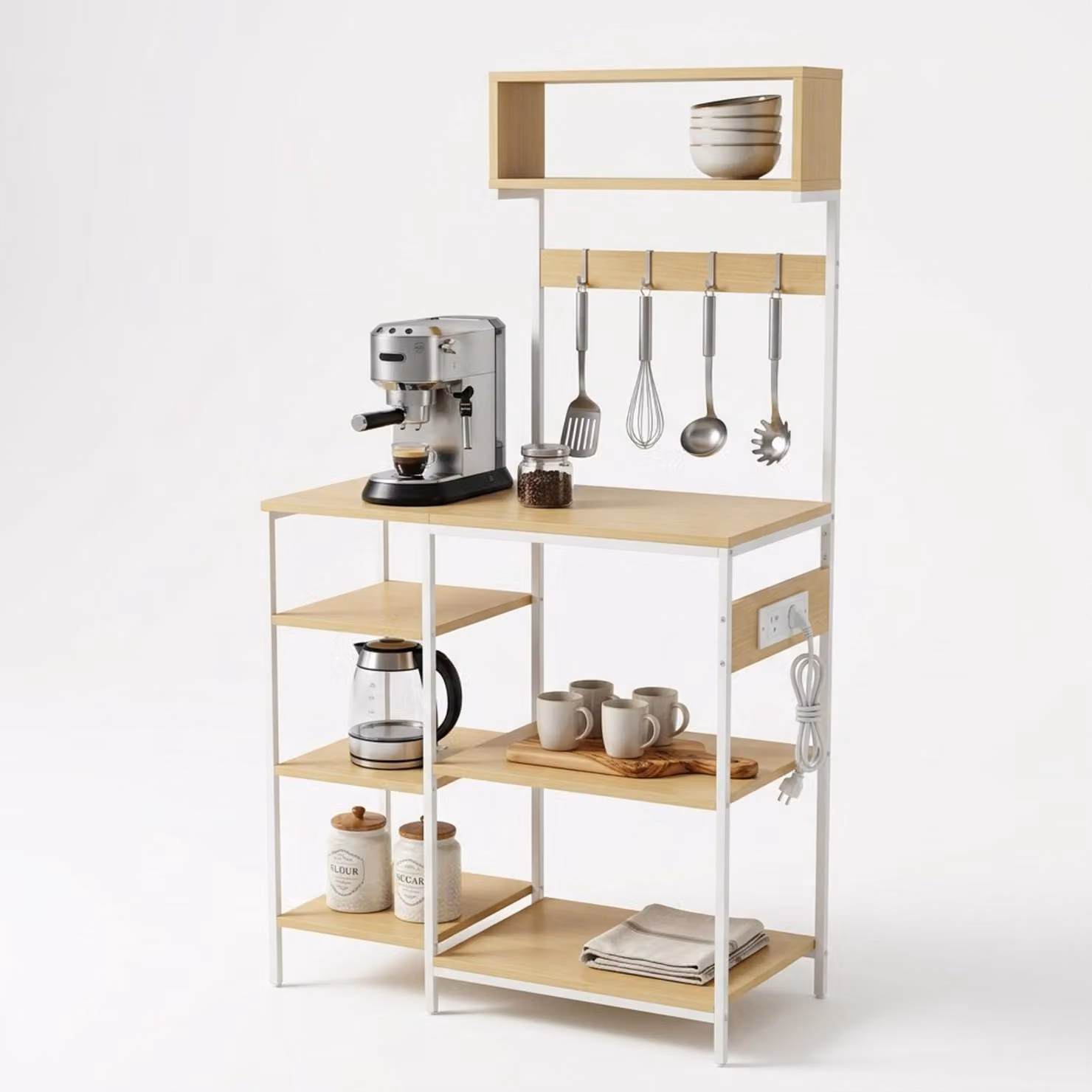 Scaffale da cucina Relaxdays con presa di corrente e porta USB, LxPxA: 151x82x40 cm, scaffale per microonde, effetto legno, aperto, metallo, naturale/bianco