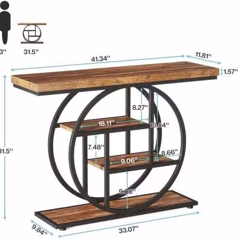 Tavolo consolle industriale a 4 ripiani con base rotonda, 105x30x80 cm