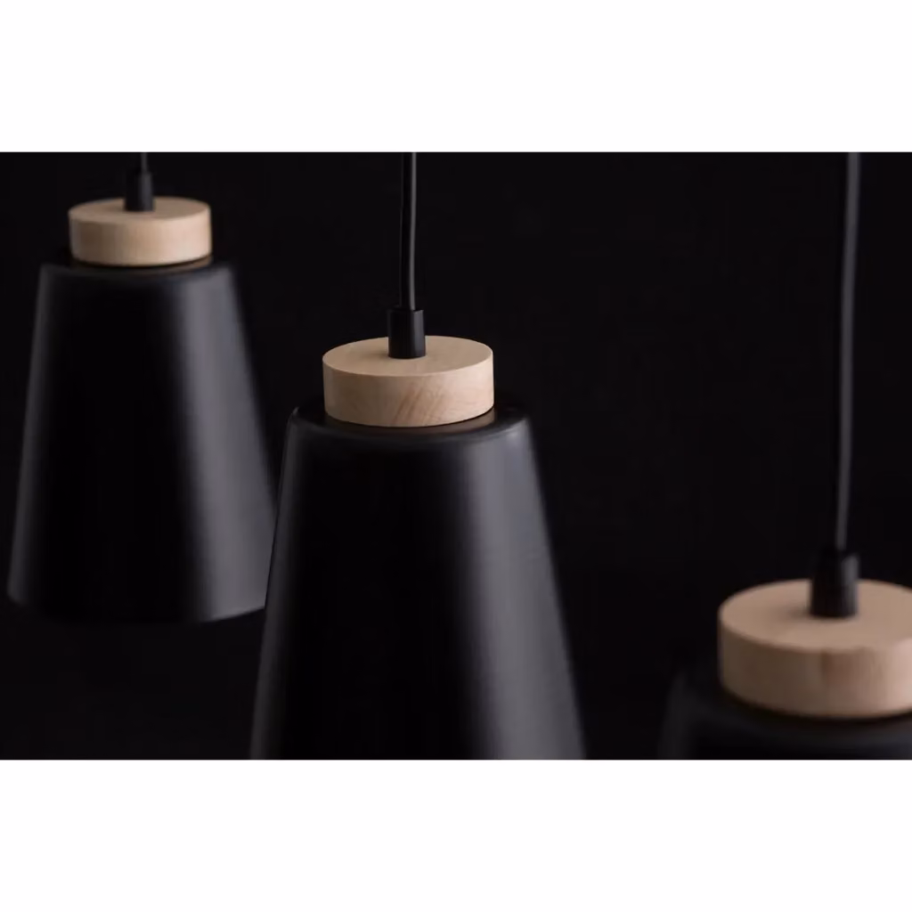 Lampadario a soffitto Du Lac Luceart-Classic con 3 luci, paralumi a cono in acciaio nero e legno naturale – 2