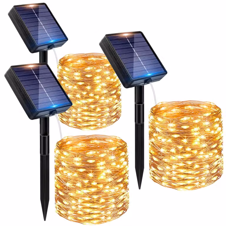 Catena luminosa solare, 12 metri, 120 LED, luce calda, grado di protezione IP65, 8 modalità, set da 3