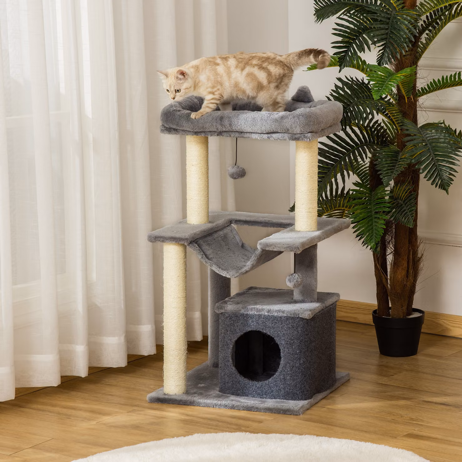 Albero tiragraffi per gatti PawHut con amaca, casetta e corde in sisal, rivestimento in peluche, Grigio, Altezza: 100 cm – 2