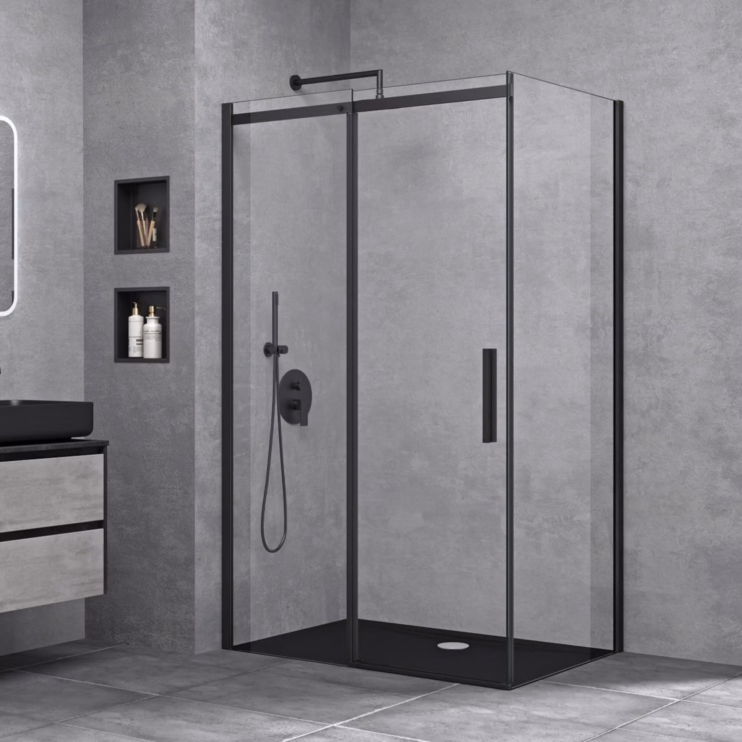 doporro Box Doccia Angolare 80x120x195 cm con Porta Scorrevole e Parete Fissa in Vetro Temperato Trasparente Anticalcare, Profilo Nero Opaco, Piatto Doccia Incluso - Ravenna18k