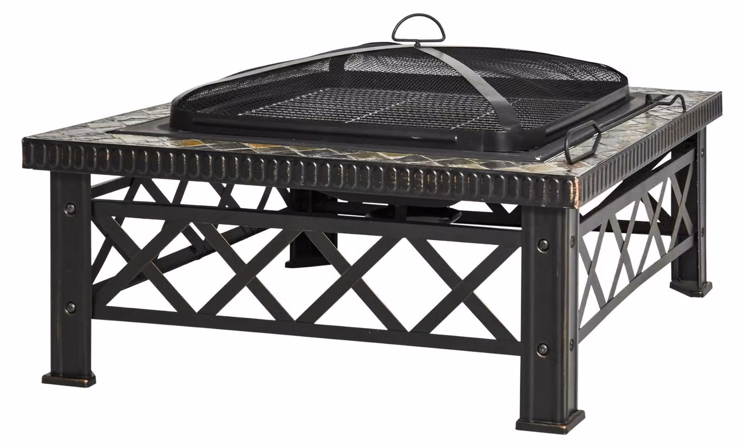 Moonbite, braciere 3-in-1, 76 x 76 cm, focolare quadrato con rete protettiva, griglia e portacenere, braciere con decorazione in ardesia, acciaio, nero