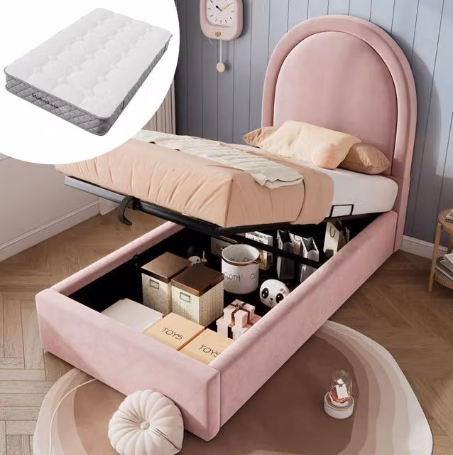 Letto singolo imbottito ULEVR 90x200 cm con contenitore idraulico e materasso H3 a 7 zone, velluto rosa
