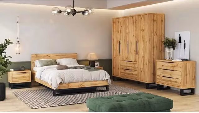 Camera da letto completa stile industriale MEUBLORAMA MILOS in rovere e nero con armadio, letto contenitore 160x200 cm, cassettiera e comodini