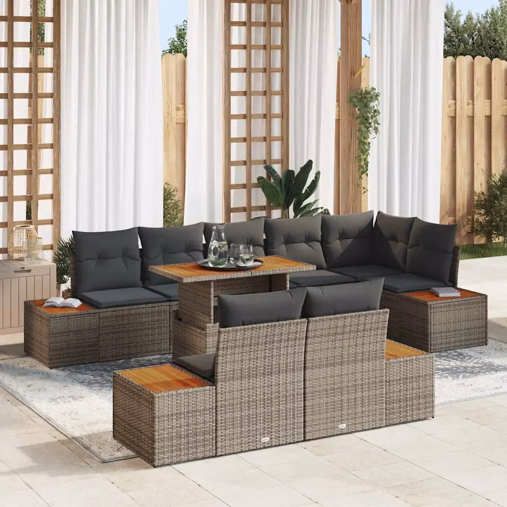 Set da pranzo da giardino moderno vidaXL in rattan e legno di acacia con cuscini, 9 pezzi, Grigio e Marrone – 1