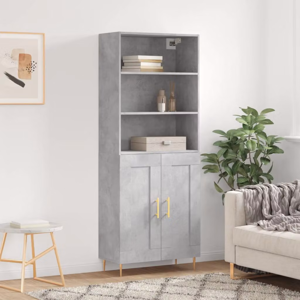 Credenza moderna vidaXL in legno multistrato e metallo, colore grigio cemento, L: 69,5 cm, P: 34 cm, H: 180 cm