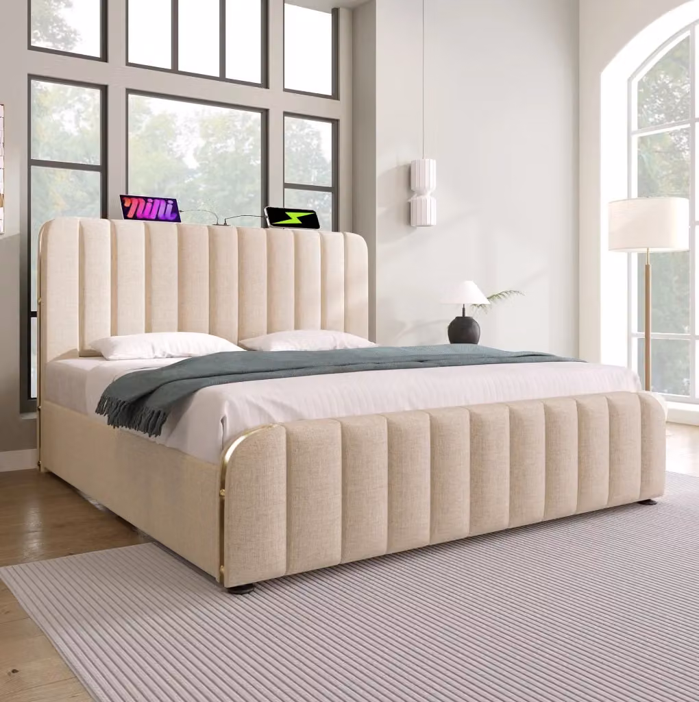 Letto matrimoniale contenitore MODFU in tessuto beige con testiera e porte USB e Type-C L/P: 140 x 200 cm – 2