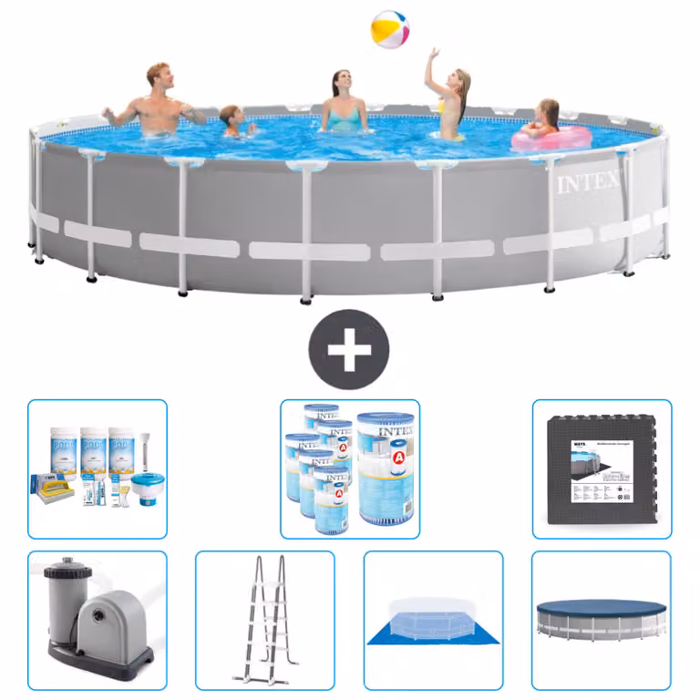 Piscina Intex Round Prism Frame - 610 x 132 cm - Grigio - inclusa pompa - scala - telo di fondo - pacchetto di manutenzione della copertura - filtro - piastrelle per il pavimento