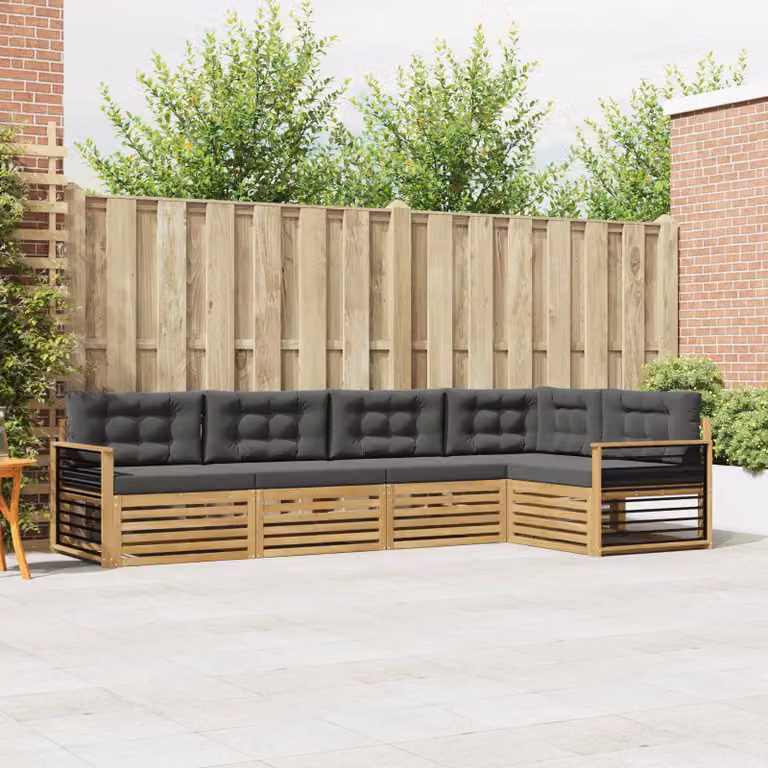 Set di divani da esterno vidaXL a forma di L composto da 6 pezzi in legno di acacia con cuscini bianchi e antracite