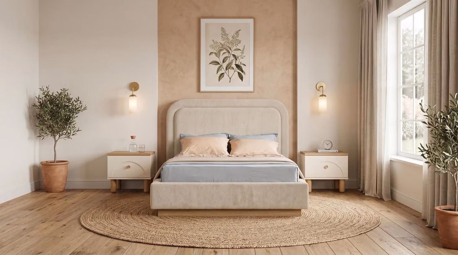 Set per camera da letto: letto, due comodini, colore beige, stile moderno scandinavo, materiali: legno, design pratico