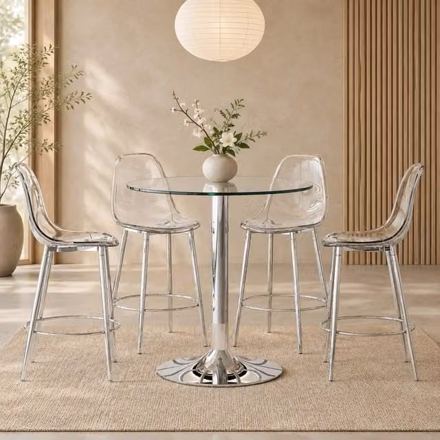 Set tavolo e sedie con 1 tavolo da bar e 4 sgabelli regolabili in vetro metallo e plastica trasparente argento