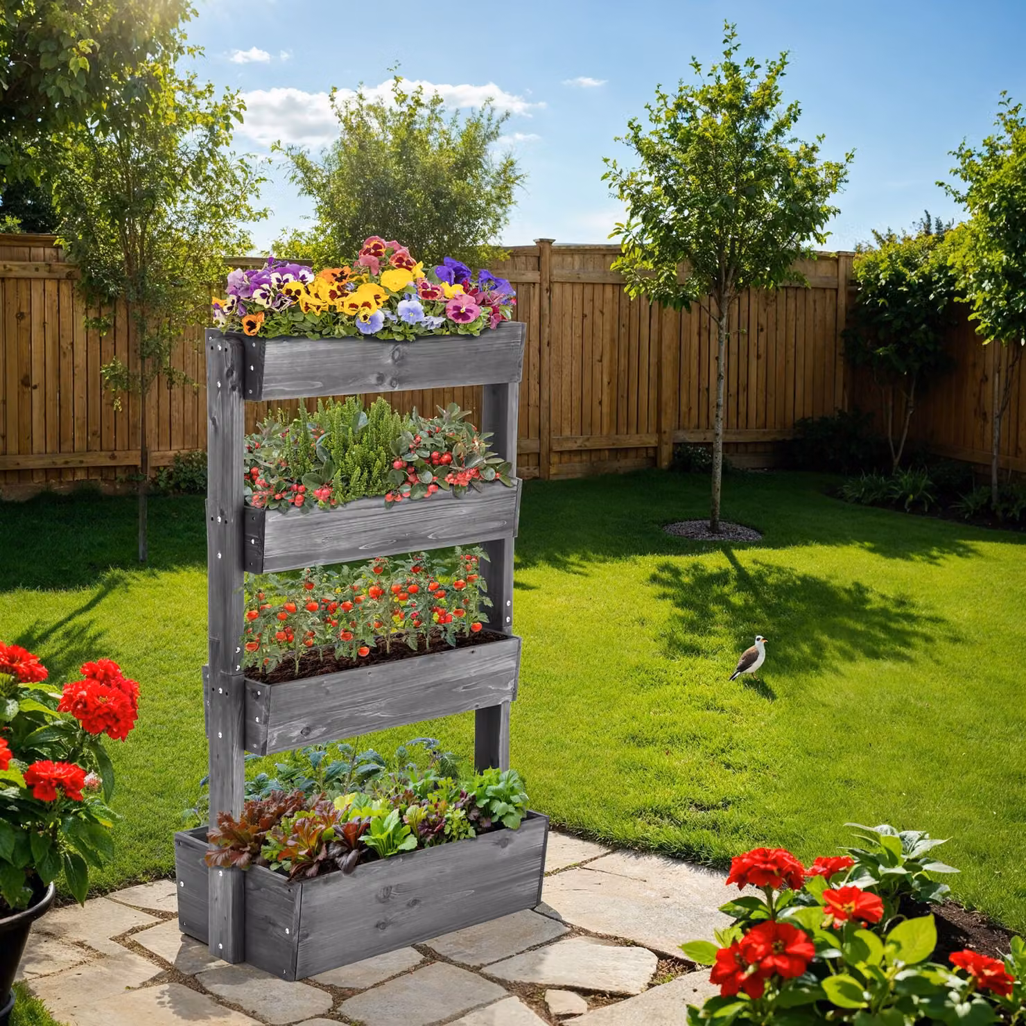 Aiuola verticale Flora tectake in legno verniciato grigio con tessuto non tessuto per piante, L: 85 cm, P: 45 cm, H: 140 cm – 2