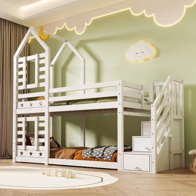 Letto a soppalco per bambini ¨C Minimal ¨C bianco in legno con cassetti rete a doghe 90x200 cm