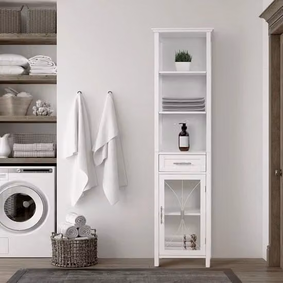 Cassettiere per bagno alta - Mobili per bagno in legno con lavello e 3 ripiani - Cassettiera per bagno alta in legno bianca Specifiche tecniche: - Modello: - Materiale: Legno - Colore: Bianco - Caratteristiche: Con lavello e 3 ripiani
