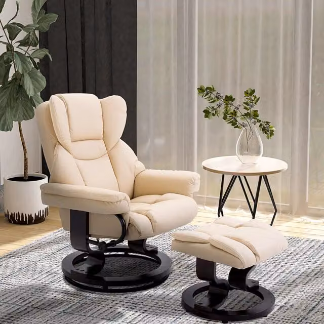 Poltrona relax girevole WISHDOR con poggiapiedi, reclinabile, rivestimento in similpelle, colore bianco beige – 1