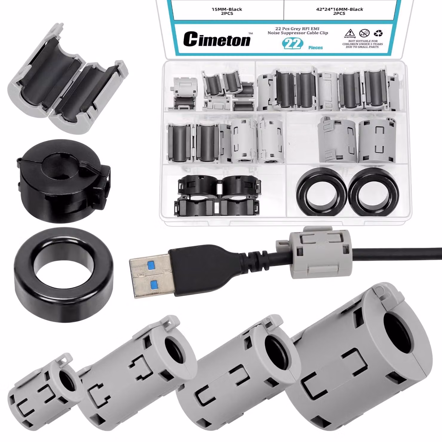 Set di 22 anelli ferromagnetici, 4 dimensioni (7-13 mm), adatti per cavi