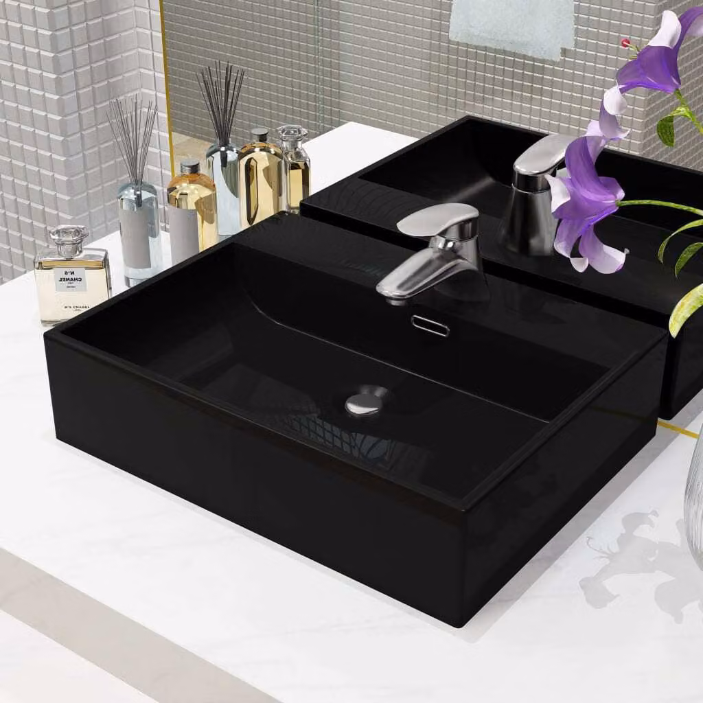 The Living Store Lavabo con foro per rubinetto in Vetroceramica nera 51,5 x 38,5 x 15 cm
