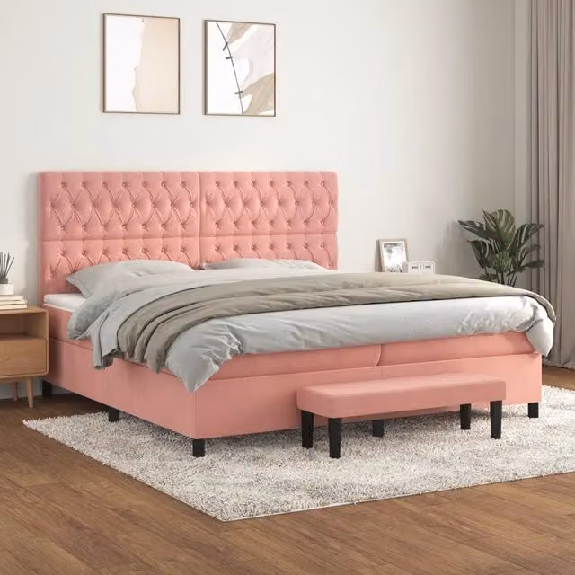 Letto con Giroletto a Molle e Materasso Ibrido vidaXL in Velluto Rosa e Bianco L/P/H: 200 x 200 x 128 cm