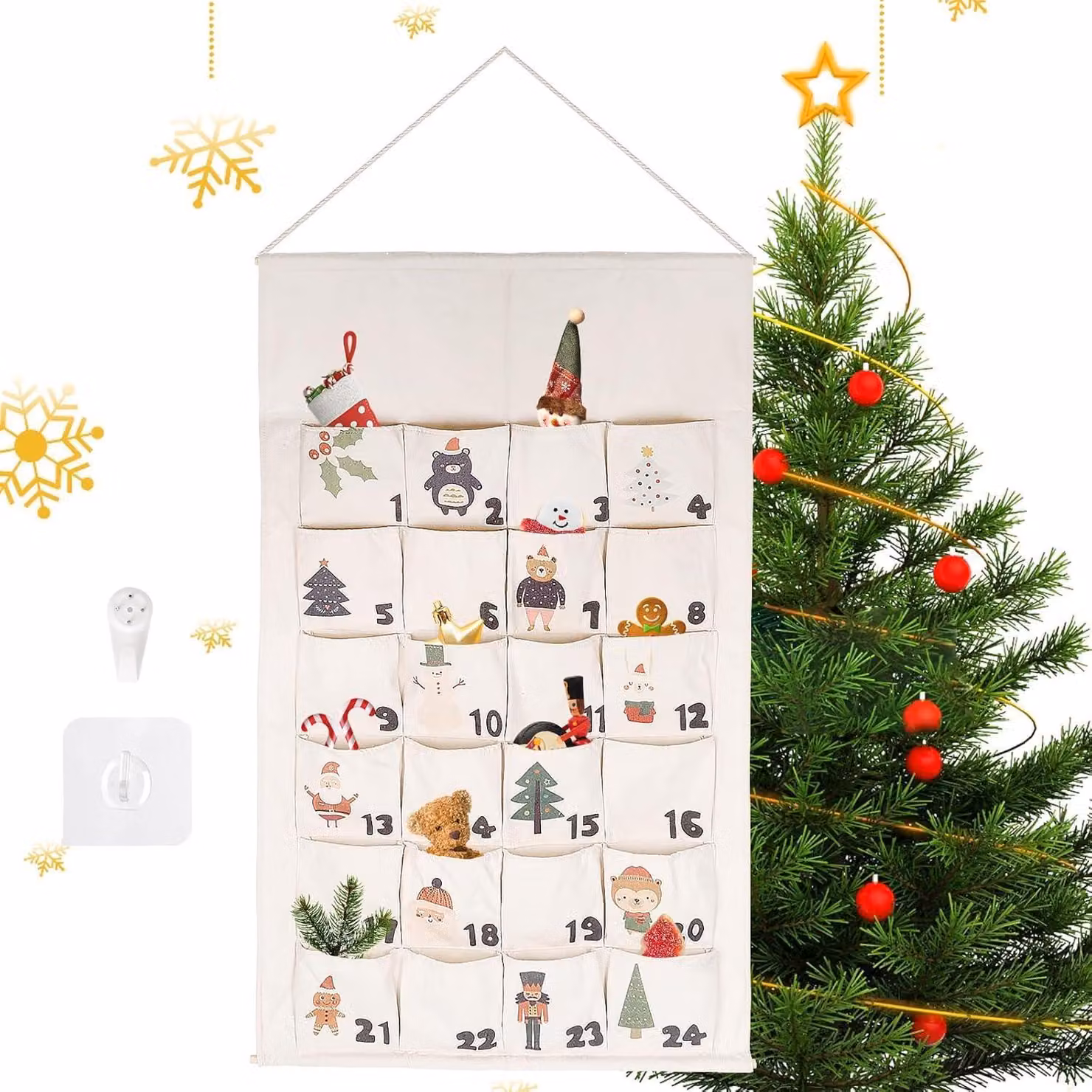 Calendario dell'Avvento in feltro - 24 scomparti - Decorazione natalizia da appendere - Con conto alla rovescia - Fai da te