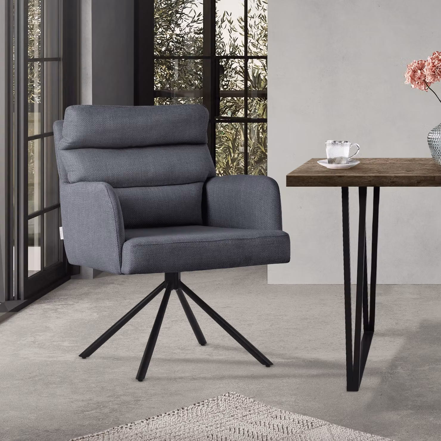 ML-Design sedie sala da pranzo girevoli antracite sedie da soggiorno con braccioli e schienale cuscino posteriore gambe in metallo rivestimento in poliestere sedia girevole posizione auto