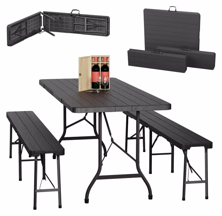 Set da birreria pieghevole Relaxdays, set da 3 pezzi con panca da birreria e tavolo grande, da giardino, set da tendone, effetto legno, nero