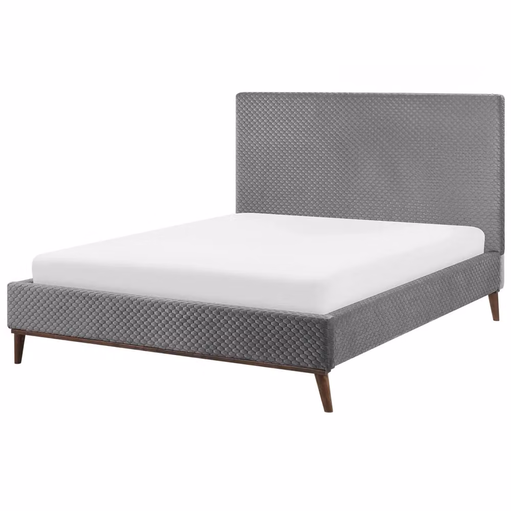 Letto matrimoniale Beliani imbottito in tessuto grigio con struttura in legno e decoro geometrico L/P/H: 140 x 200 cm – 2