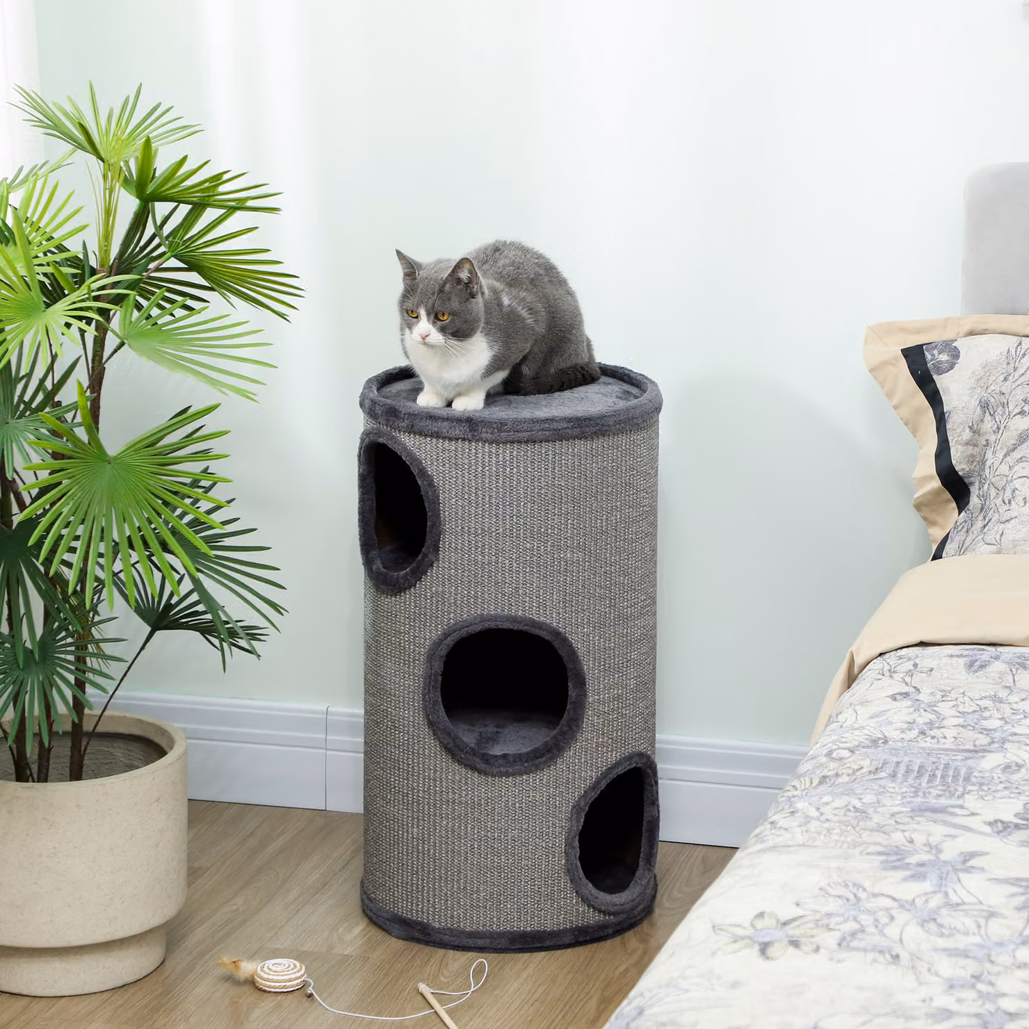 Cuccia per gatti PawHut a 3 livelli con tiragraffi in sisal e peluche, Grigio, Ø38 x 70 cm – 2