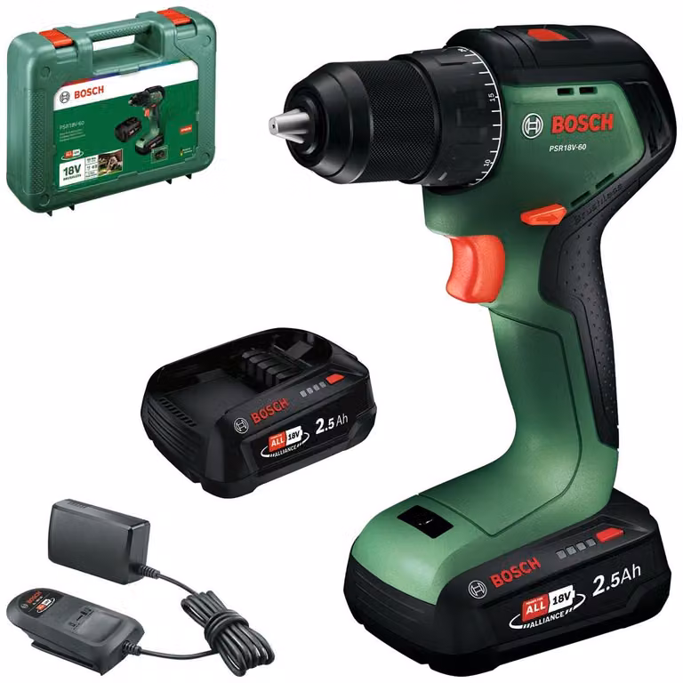 Trapano avvitatore a batteria PSR18V-60, con 2 batterie PBA 18V 2.5Ah, fornito in valigetta per artigiani