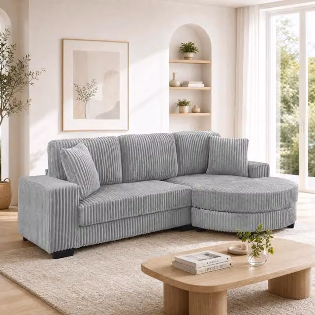 Divano angolare modulare a L con pouf ovale reversibile; 256;5 x 133;5 x 89 cm; grigio