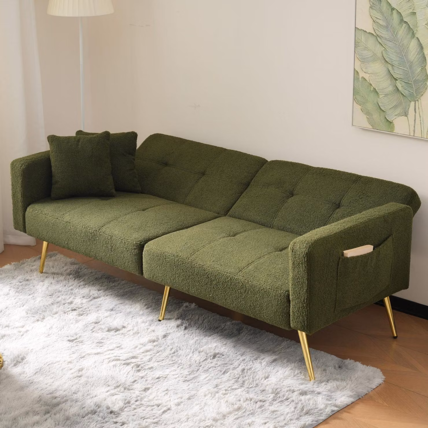 Divano letto ZR Home in sherpa verde con schienale regolabile e gambe dorate L/P/H: 175 x 64 x 72 cm – 2