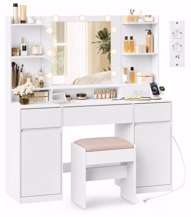 VASAGLE Collezione Kailyn: Comodino da trucco con specchio e luci LED, sgabello, set
