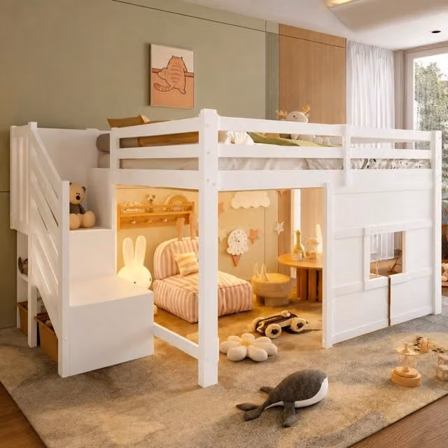 Letto a castello 140x200 in legno di pino con scala contenitore e finestra, bianco