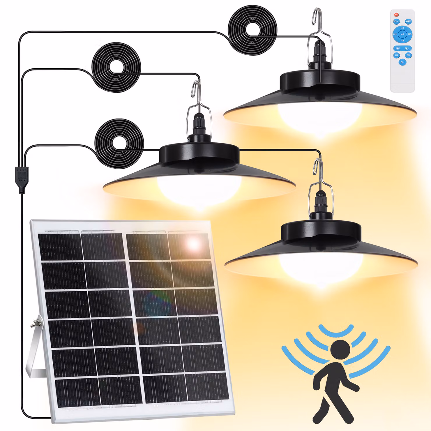 Lampada solare a LED con sensore di movimento, lampada a sospensione bianco caldo IP65, lampada da giardino dimmerabile con timer e 5 modalità, per balconi e gazebo (3 lampade)