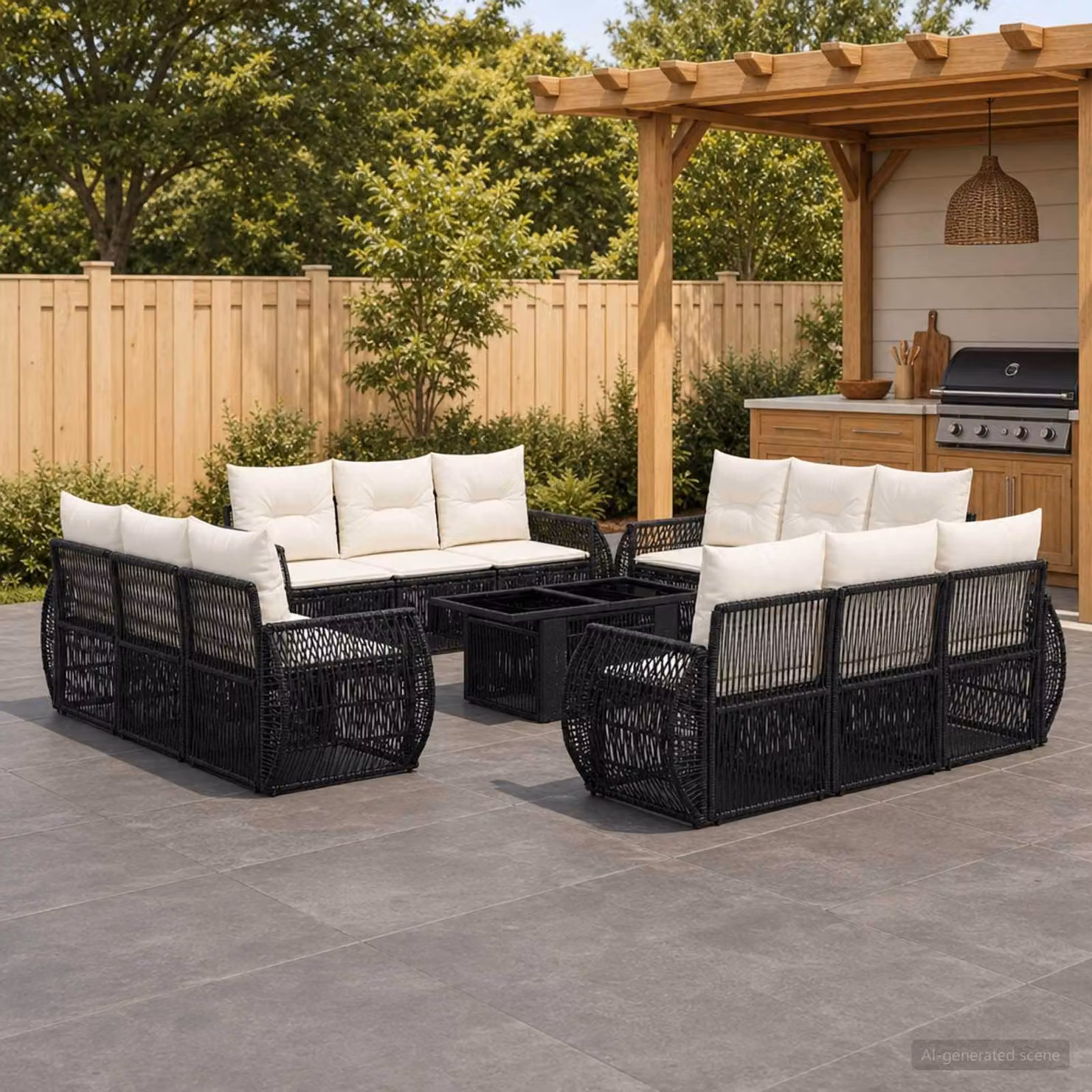 Set Divano da Giardino Moderno vidaXL in Polyrattan, 13 Pezzi, Nero e Bianco Crema